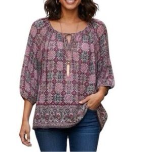 Croft & Barrow 1X Magenta Medallion Print Blouse 3/4 Sleeve Stretch Boho Peasant